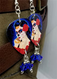 Beautiful Sugar Skull Woman with a Rose In Her Hair Guitar Pick Earrings with Blue Swarovski Crystal Dangles