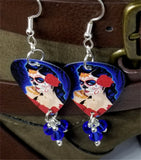 Beautiful Sugar Skull Woman with a Rose In Her Hair Guitar Pick Earrings with Blue Swarovski Crystal Dangles