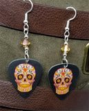 Red, Green, and Yellow Sugar Skull Guitar Pick Earrings with Crystal Copper Swarovski Crystals