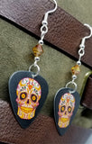 Red, Green, and Yellow Sugar Skull Guitar Pick Earrings with Crystal Copper Swarovski Crystals