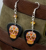 Red, Green, and Yellow Sugar Skull Guitar Pick Earrings with Crystal Copper Swarovski Crystals