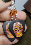 Red, Green, and Yellow Sugar Skull Guitar Pick Earrings with Crystal Copper Swarovski Crystals