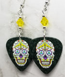 Colorful Sugar Skull Guitar Pick Earrings with Yellow Swarovski Crystals