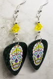 Colorful Sugar Skull Guitar Pick Earrings with Yellow Swarovski Crystals