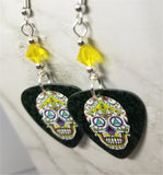 Colorful Sugar Skull Guitar Pick Earrings with Yellow Swarovski Crystals