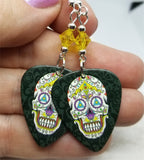 Colorful Sugar Skull Guitar Pick Earrings with Yellow Swarovski Crystals