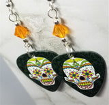 Colorfully Decorated Sugar Skull Guitar Pick Earrings with Orange Swarovski Crystals