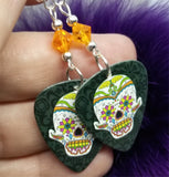 Colorfully Decorated Sugar Skull Guitar Pick Earrings with Orange Swarovski Crystals