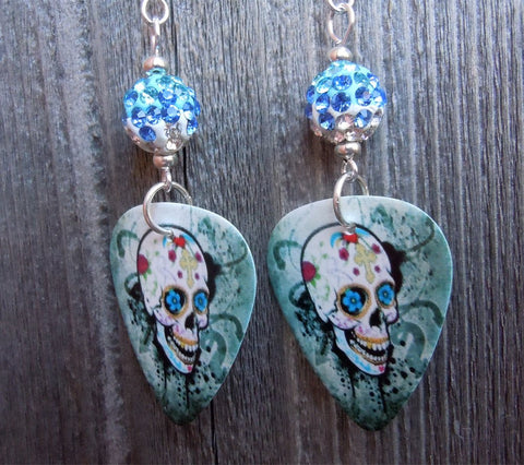 Sugar Skull on Distressed Background Guitar Pick Earrings with Blue Ombre Pave Bead