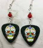 Colorfully Decorated Sugar Skull Guitar Pick Earrings with Red Swarovski Crystals