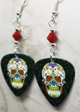 Colorfully Decorated Sugar Skull Guitar Pick Earrings with Red Swarovski Crystals