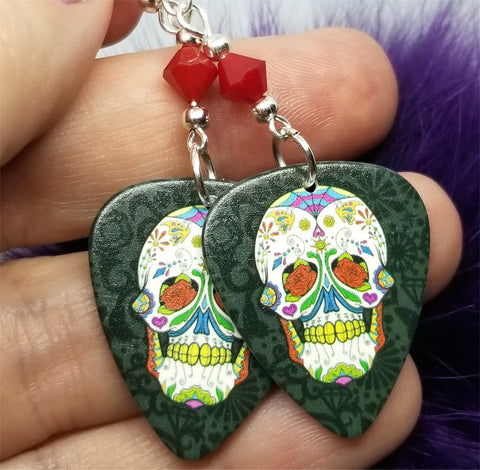 Colorfully Decorated Sugar Skull Guitar Pick Earrings with Red Swarovski Crystals