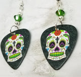 Colorful Sugar Skull Guitar Pick Earrings with Green Swarovski Crystals
