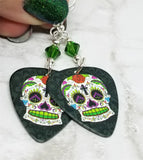 Colorful Sugar Skull Guitar Pick Earrings with Green Swarovski Crystals