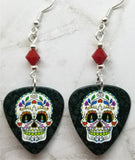 Colorful Sugar Skull Guitar Pick Earrings with Red Swarovski Crystals