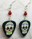 Colorful Sugar Skull Guitar Pick Earrings with Red Swarovski Crystals