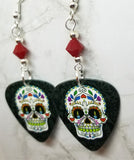 Colorful Sugar Skull Guitar Pick Earrings with Red Swarovski Crystals