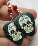 Colorful Sugar Skull Guitar Pick Earrings with Red Swarovski Crystals