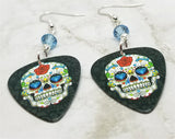 Colorful Sugar Skull with Diamond Eyes Guitar Pick Earrings with Blue Swarovski Crystals