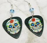 Colorful Sugar Skull with Diamond Eyes Guitar Pick Earrings with Blue Swarovski Crystals