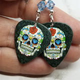 Colorful Sugar Skull with Diamond Eyes Guitar Pick Earrings with Blue Swarovski Crystals