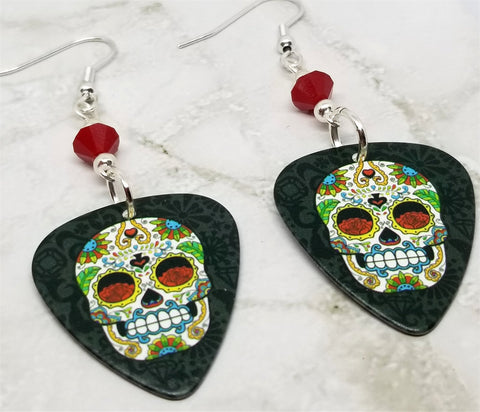 Sugar Skull with Roses for Eyes Guitar Pick Earrings with Red Swarovski Crystals