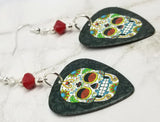 Sugar Skull with Roses for Eyes Guitar Pick Earrings with Red Swarovski Crystals