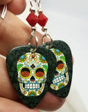 Sugar Skull with Roses for Eyes Guitar Pick Earrings with Red Swarovski Crystals