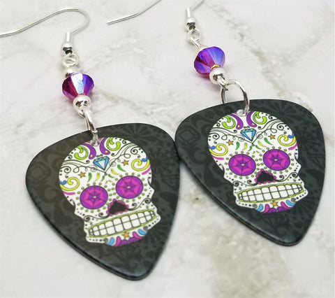 Fuchsia, Blue and Green Sugar Skull Guitar Pick Earrings with Fuchsia AB Swarovski Crystals