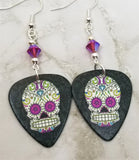 Fuchsia, Blue and Green Sugar Skull Guitar Pick Earrings with Fuchsia AB Swarovski Crystals