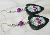 Fuchsia, Blue and Green Sugar Skull Guitar Pick Earrings with Fuchsia AB Swarovski Crystals