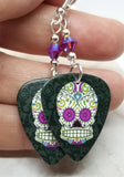 Fuchsia, Blue and Green Sugar Skull Guitar Pick Earrings with Fuchsia AB Swarovski Crystals