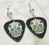 Colorful Sugar Skull Guitar Pick Earrings with Blue Swarovski Crystals