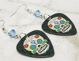 Colorful Sugar Skull Guitar Pick Earrings with Blue Swarovski Crystals
