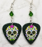 Colorful Flower Themed Sugar Skull Guitar Pick Earrings with Green Swarovski Crystals
