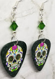 Colorful Flower Themed Sugar Skull Guitar Pick Earrings with Green Swarovski Crystals