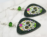 Colorful Flower Themed Sugar Skull Guitar Pick Earrings with Green Swarovski Crystals