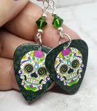 Colorful Flower Themed Sugar Skull Guitar Pick Earrings with Green Swarovski Crystals