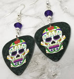 Colorful Sugar Skull Guitar Pick Earrings with Purple Swarovski Crystals
