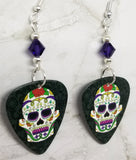 Colorful Sugar Skull Guitar Pick Earrings with Purple Swarovski Crystals