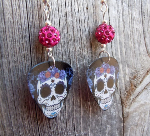 Sugar Skull with Flower Crown Guitar Pick Earrings with Fucshia Pave Beads