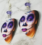 Woman Painted as a Sugar Skull Guitar Pick Earrings with Purple Swarovski Crystals