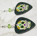Colorful Sugar Skull Guitar Pick Earrings with Light Green Swarovski Crystals