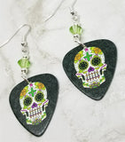 Colorful Sugar Skull Guitar Pick Earrings with Light Green Swarovski Crystals