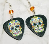 Sugar Skull Guitar Pick Earrings with Orange Swarovski Crystals