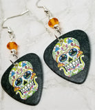 Sugar Skull Guitar Pick Earrings with Orange Swarovski Crystals
