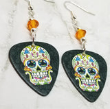 Sugar Skull Guitar Pick Earrings with Orange Swarovski Crystals