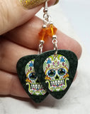 Sugar Skull Guitar Pick Earrings with Orange Swarovski Crystals