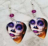 Woman Painted as a Sugar Skull Guitar Pick Earrings with Fuchsia Swarovski Crystals