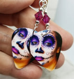Woman Painted as a Sugar Skull Guitar Pick Earrings with Fuchsia Swarovski Crystals